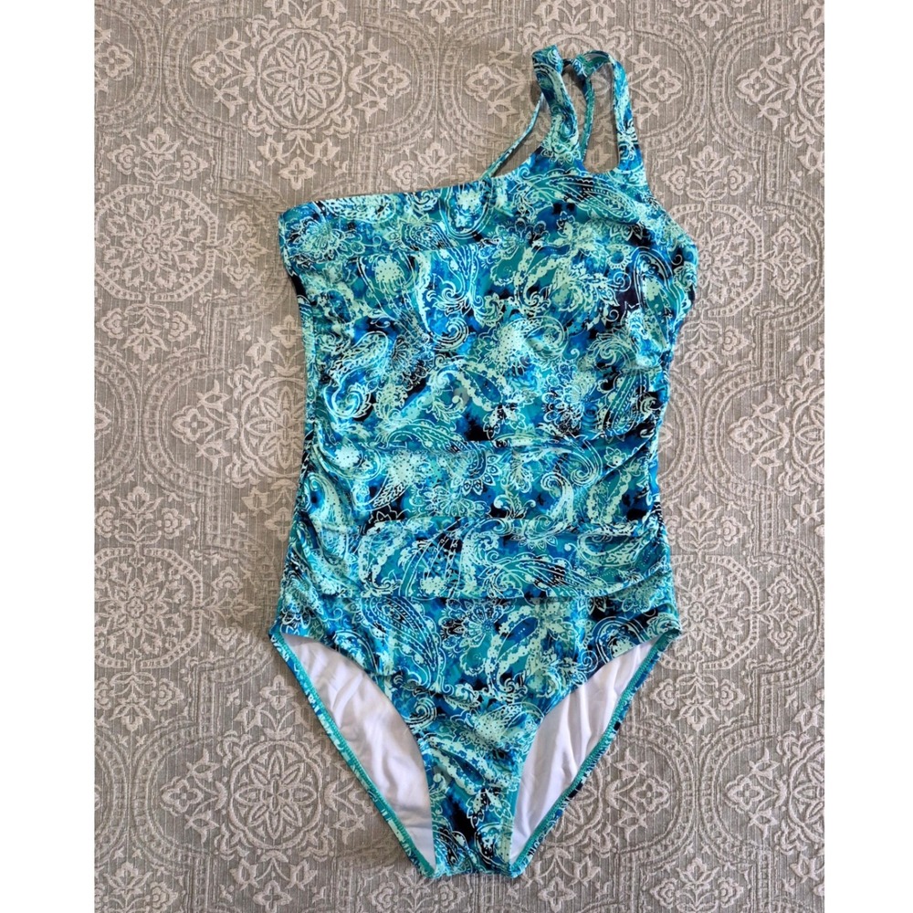Holipick Womens One Shoulder Paisley One Piece Swimsuit Teal Blue Large NWT